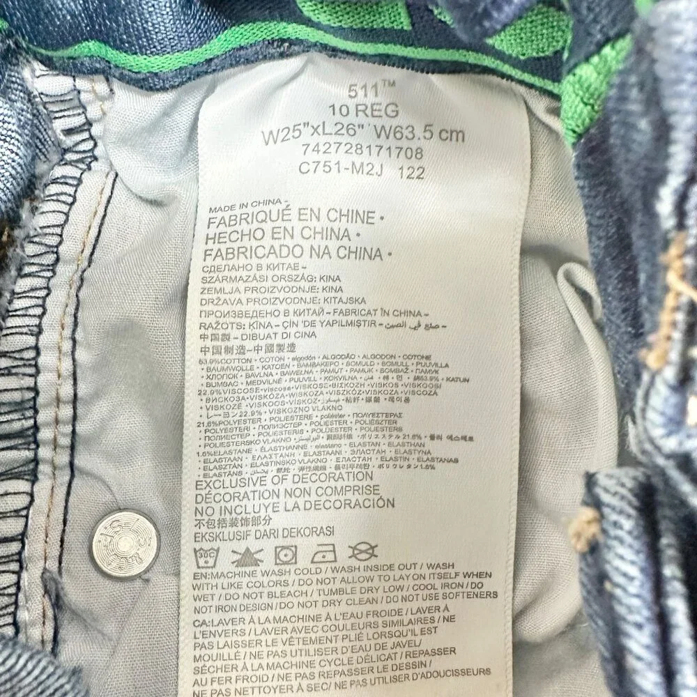 Levis Boys 511 Slim Fit Stretch Jeans Size 10 Reg W25 L26 Adj Waist Blue Denim